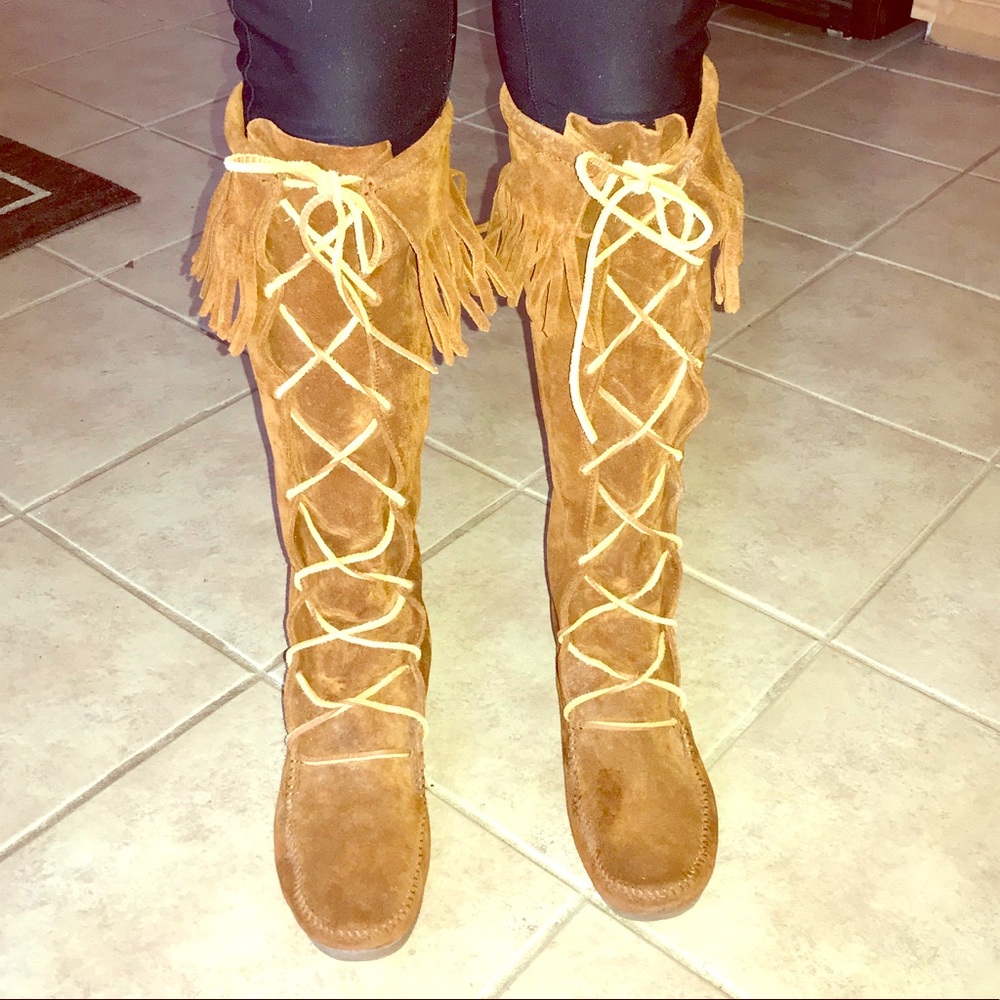 Minnetonka front lace knee high moccasin boots